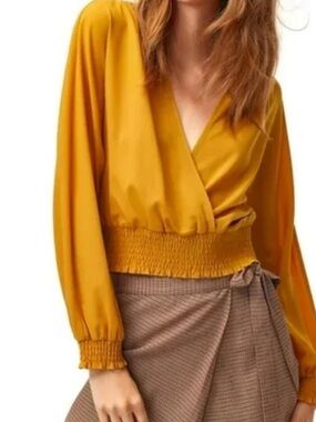 NEW Wilfred Reign Smocked Blouse Surplice Top Long Sleeve Flowy Mustard Yellow